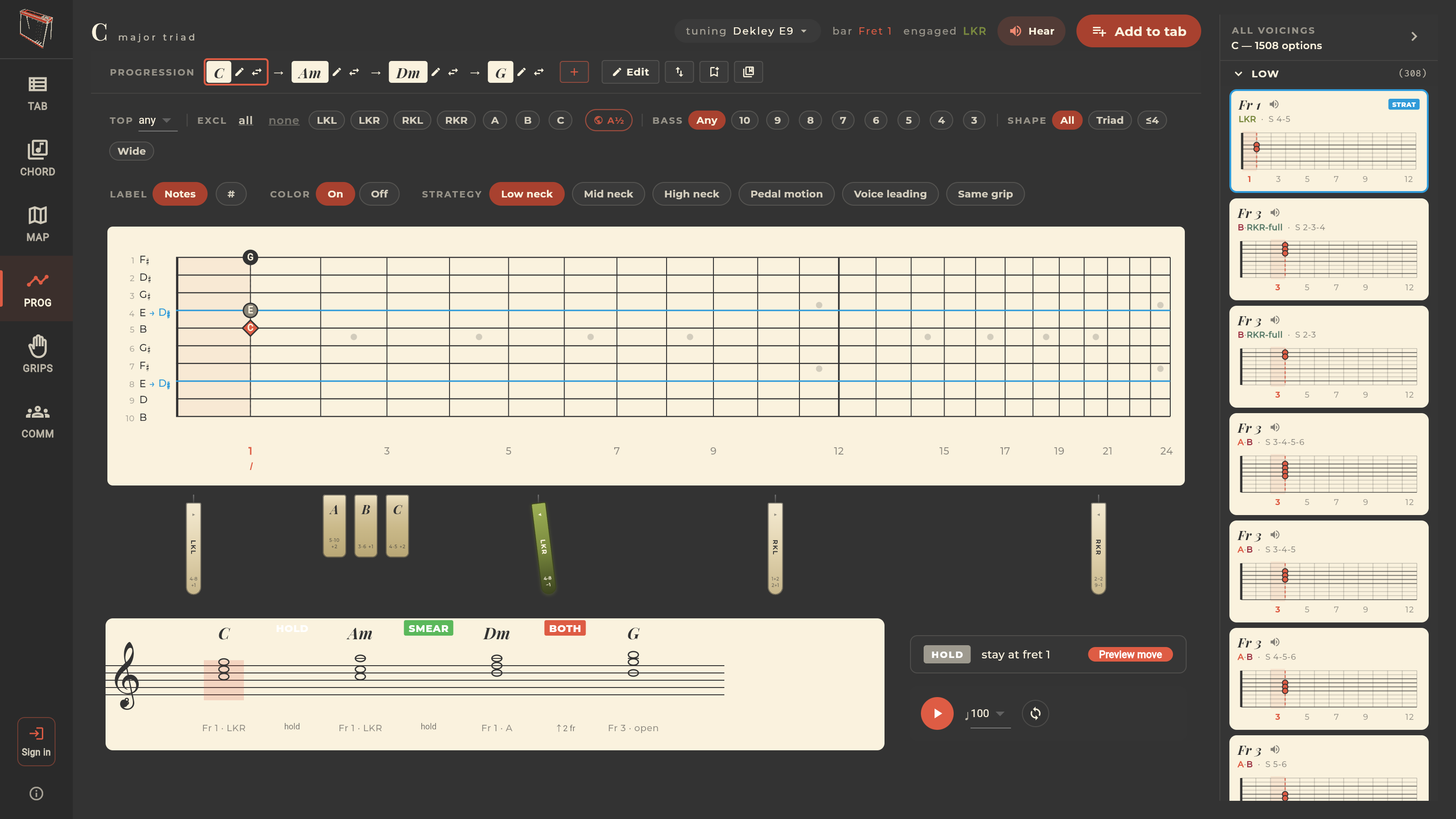 Progression workspace showing voice-leading paths for C, Am, Dm, G